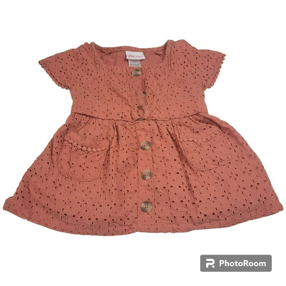 Little Lass Dress, Girl 4T, Orange Eyelete Cut Outs, Short, Buttons, Cotton, EUC